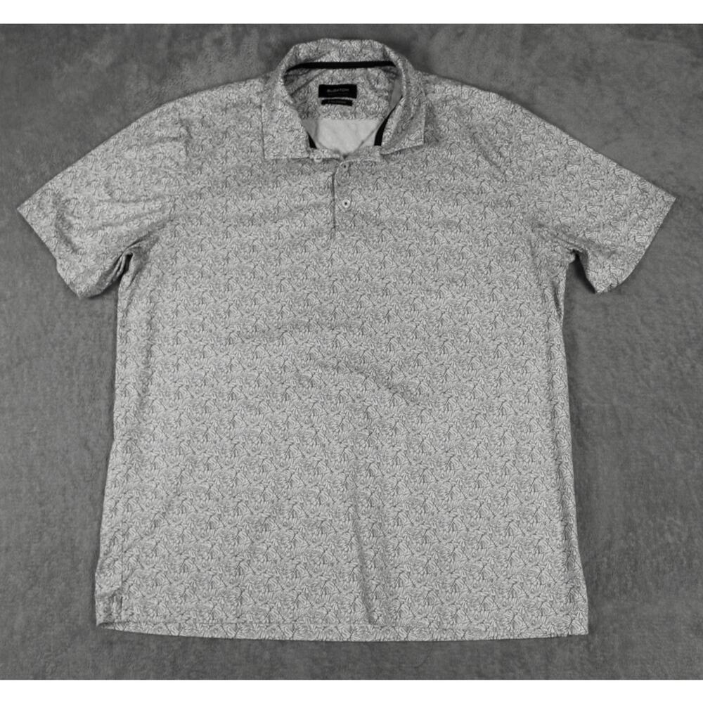 Bugatchi OoohCotton Tech Polo Men’s Size L White Blue Leaf Print 8-Way Stretch